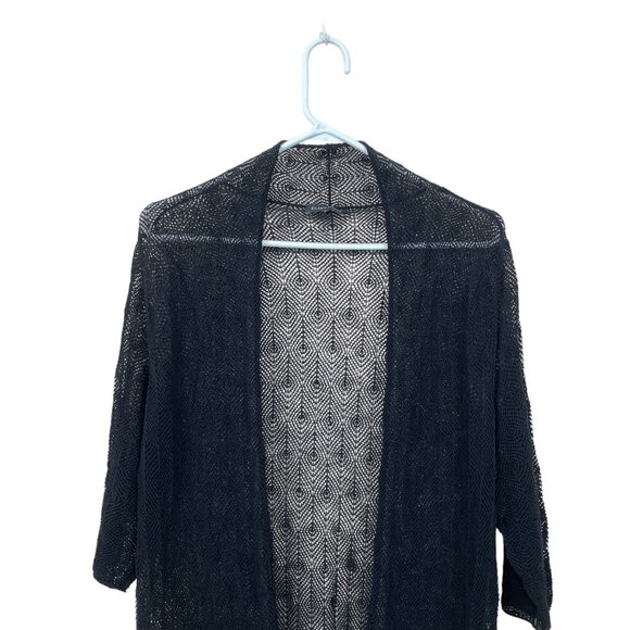 EILEEN FISHER Womens M? 100% Wool Open Front Mesh Knit Cardigan Duster Black - Picture 3 of 7